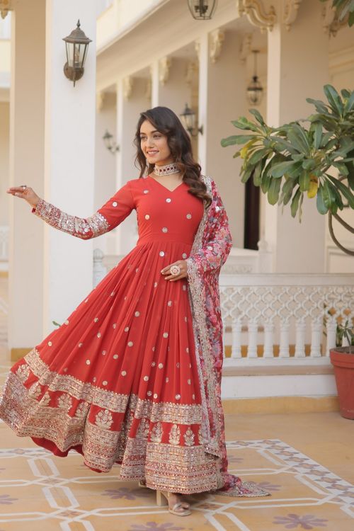 Picture of Pleasing Georgette Orange Readymade Gown With Dupatta