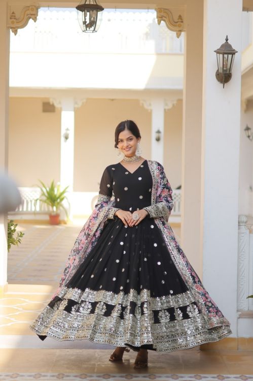 Picture of Good Looking Georgette Black Readymade Gown With Dupatta