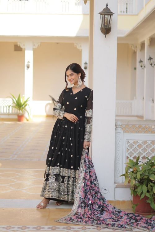 Picture of Good Looking Georgette Black Readymade Gown With Dupatta