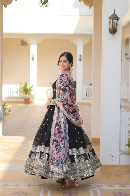 Picture of Good Looking Georgette Black Readymade Gown With Dupatta