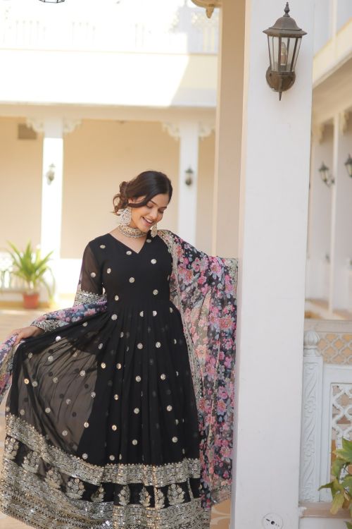 Picture of Good Looking Georgette Black Readymade Gown With Dupatta
