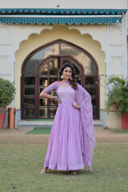 Picture of Beautiful Georgette Thistle Readymade Gown With Dupatta