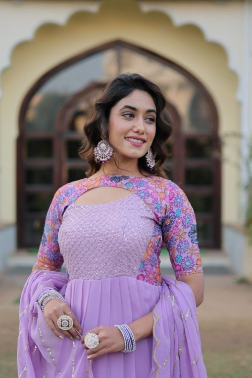 Picture of Beautiful Georgette Thistle Readymade Gown With Dupatta