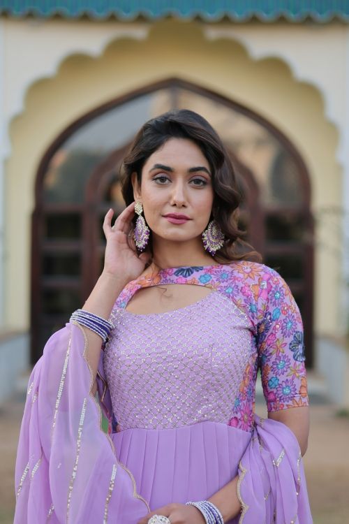 Picture of Beautiful Georgette Thistle Readymade Gown With Dupatta