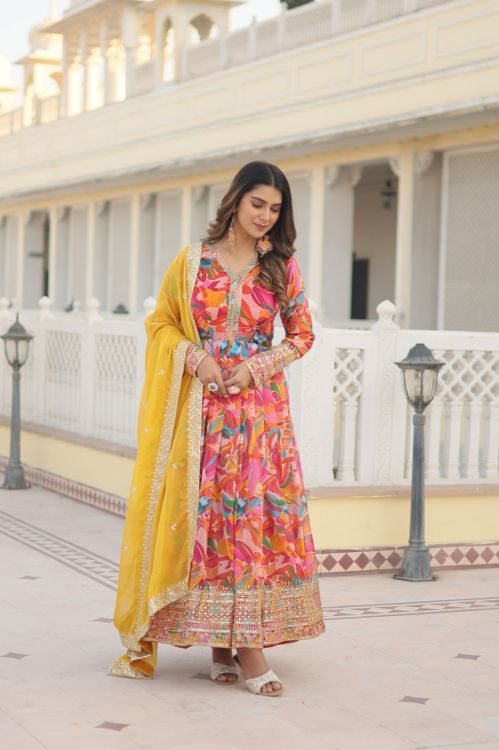 Picture of Splendid Georgette Multi Readymade Gown With Dupatta