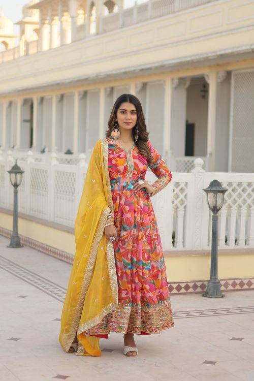 Picture of Splendid Georgette Multi Readymade Gown With Dupatta