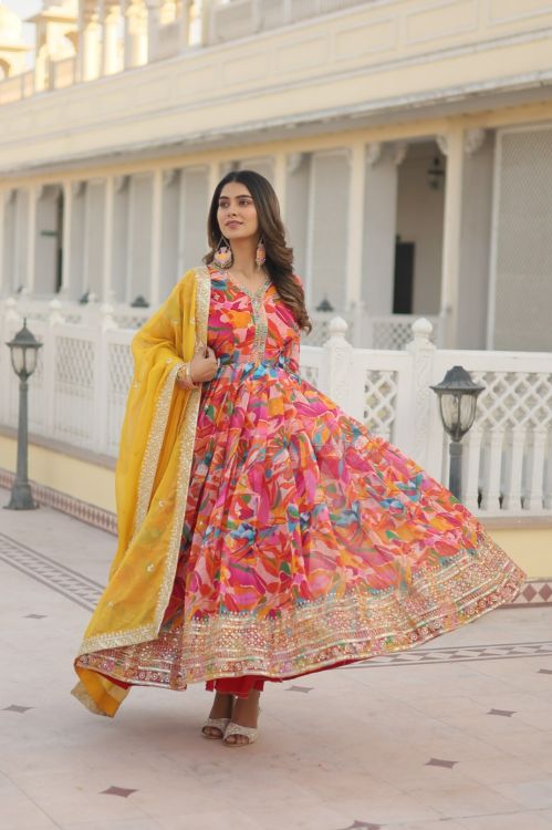 Picture of Splendid Georgette Multi Readymade Gown With Dupatta
