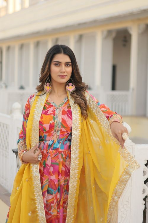 Picture of Splendid Georgette Multi Readymade Gown With Dupatta