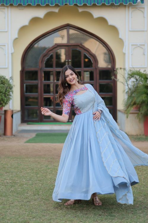 Picture of Good Looking Georgette Sky Blue Readymade Gown With Dupatta