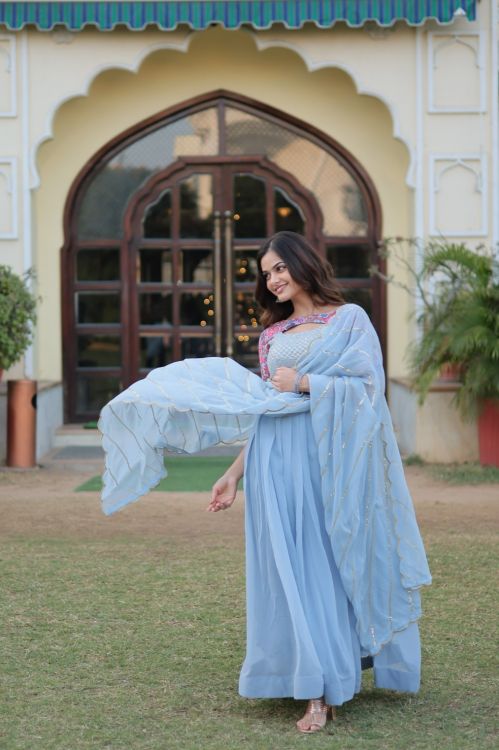 Picture of Good Looking Georgette Sky Blue Readymade Gown With Dupatta