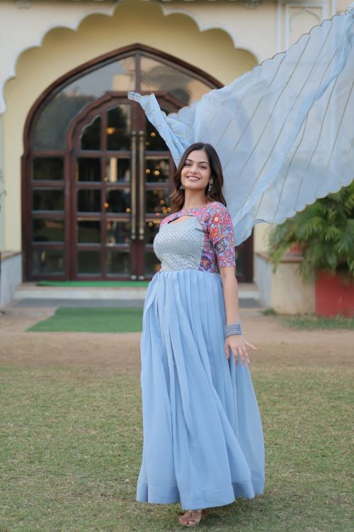 Picture of Good Looking Georgette Sky Blue Readymade Gown With Dupatta