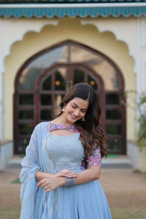 Picture of Good Looking Georgette Sky Blue Readymade Gown With Dupatta