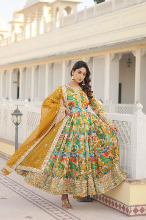 Picture of Marvelous Georgette Multi Readymade Gown With Dupatta