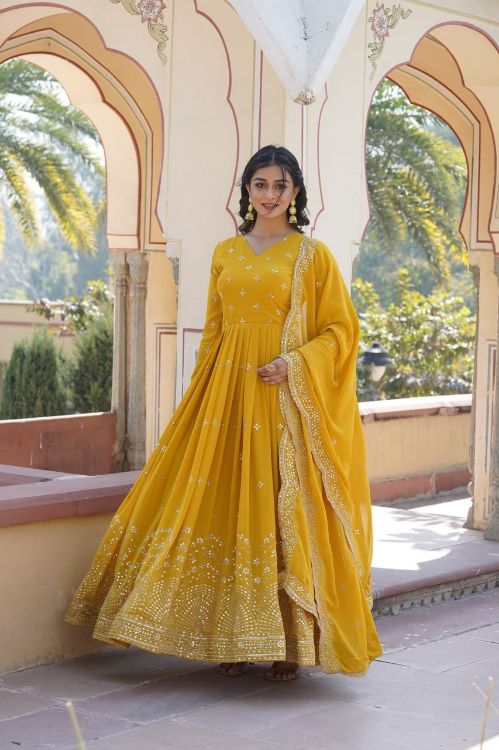 Picture of Enticing Georgette Yellow Readymade Gown With Dupatta