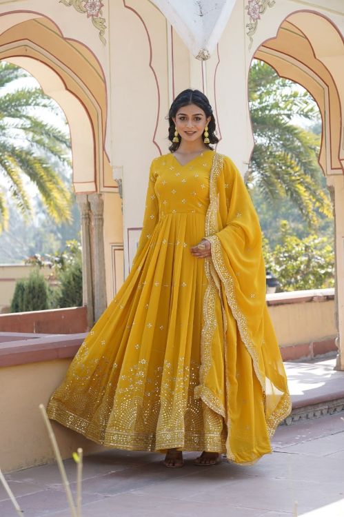 Picture of Enticing Georgette Yellow Readymade Gown With Dupatta