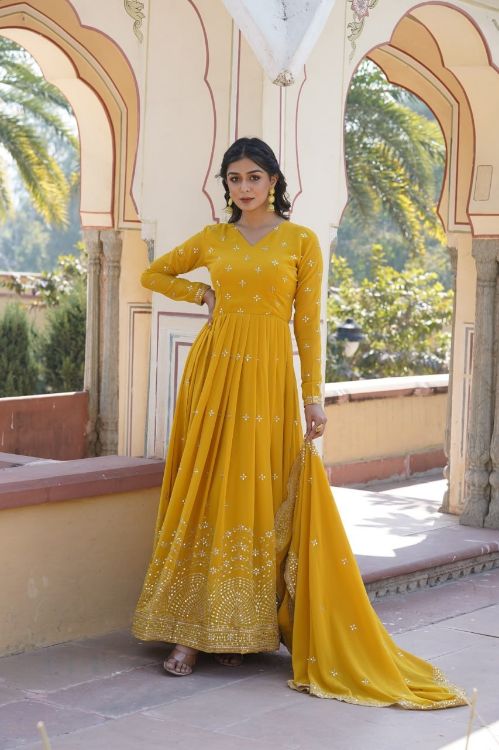 Picture of Enticing Georgette Yellow Readymade Gown With Dupatta