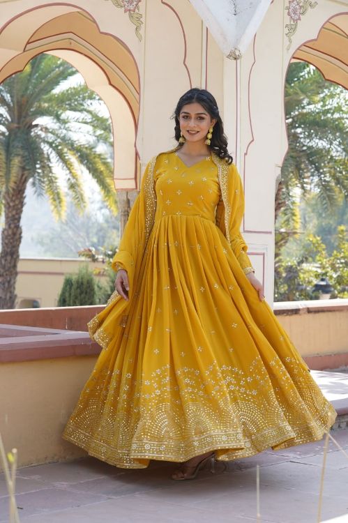 Picture of Enticing Georgette Yellow Readymade Gown With Dupatta