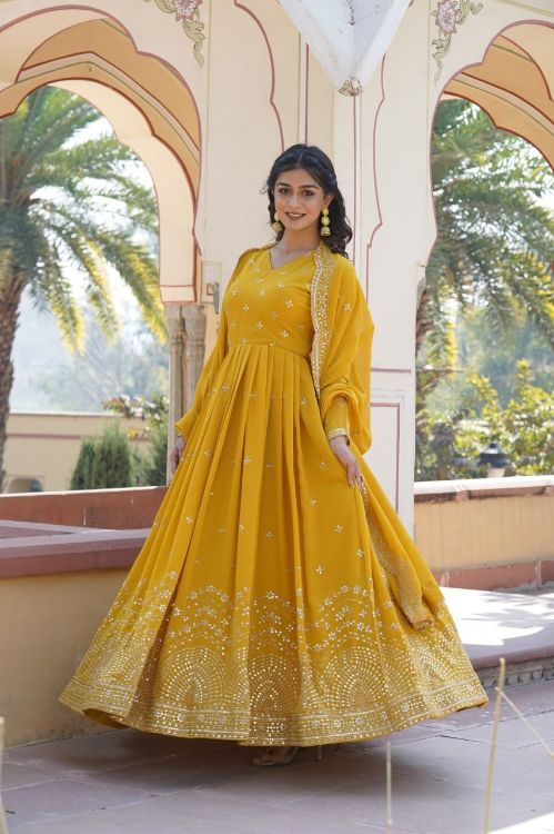 Picture of Enticing Georgette Yellow Readymade Gown With Dupatta