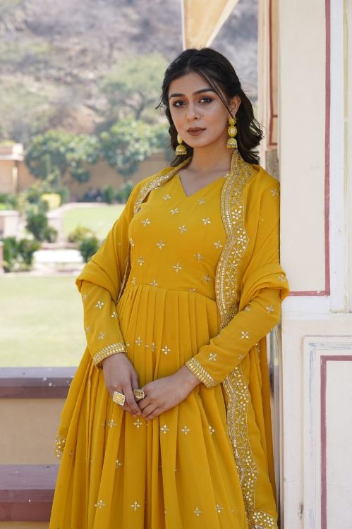 Picture of Enticing Georgette Yellow Readymade Gown With Dupatta