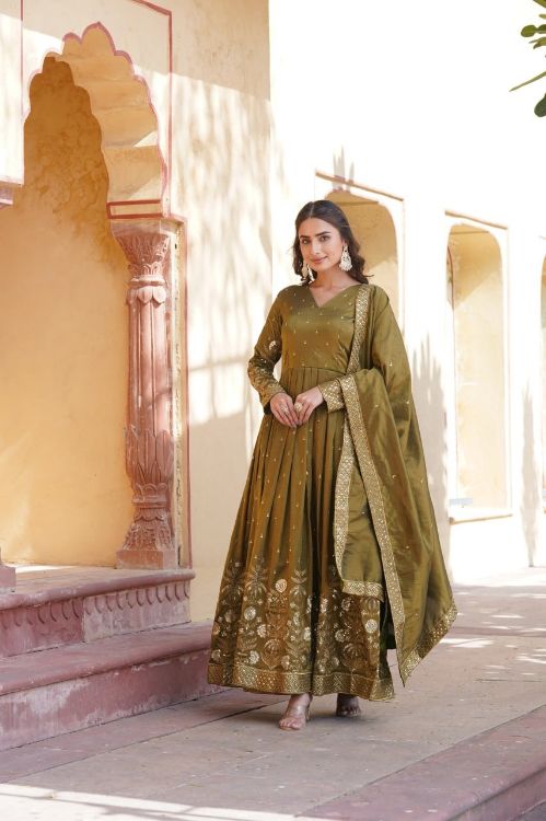 Picture of Splendid Viscose Olive Readymade Gown With Dupatta