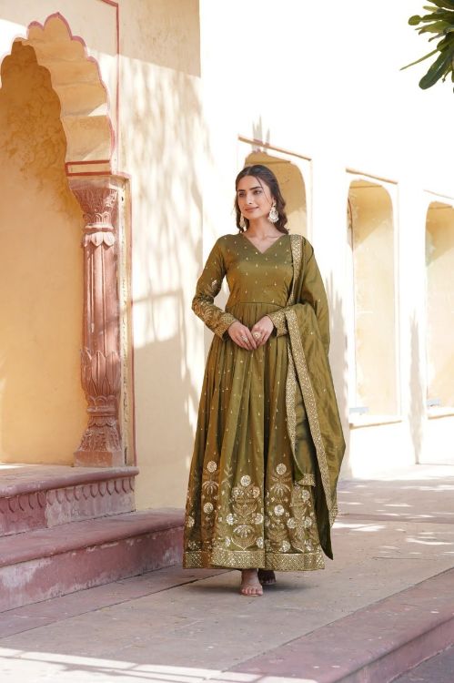 Picture of Splendid Viscose Olive Readymade Gown With Dupatta