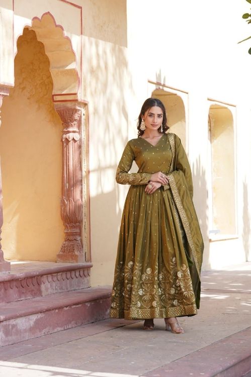 Picture of Splendid Viscose Olive Readymade Gown With Dupatta