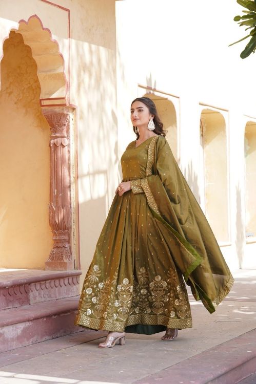 Picture of Splendid Viscose Olive Readymade Gown With Dupatta