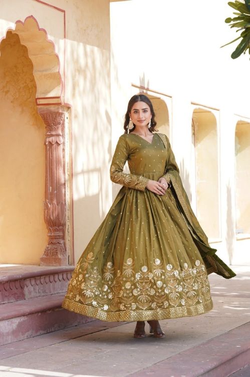 Picture of Splendid Viscose Olive Readymade Gown With Dupatta
