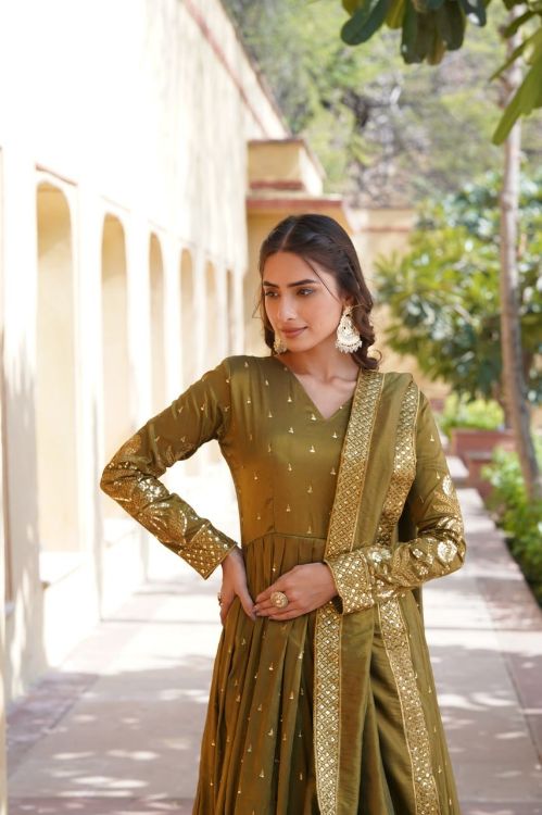 Picture of Splendid Viscose Olive Readymade Gown With Dupatta
