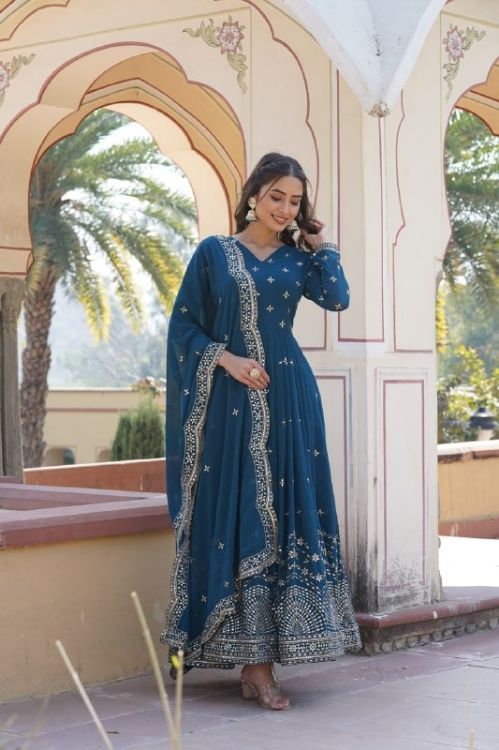 Picture of Splendid Georgette Blue Readymade Gown With Dupatta