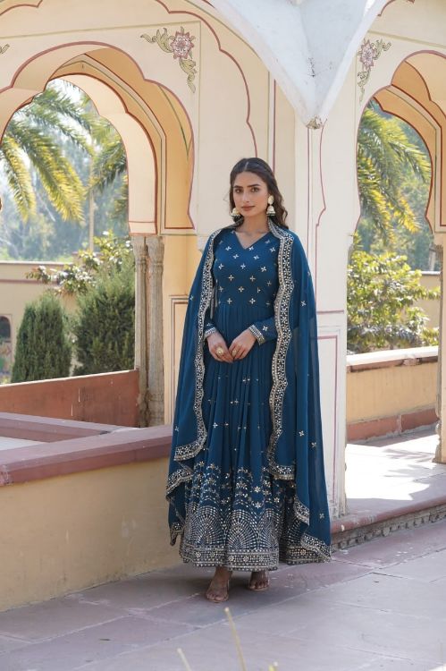 Picture of Splendid Georgette Blue Readymade Gown With Dupatta