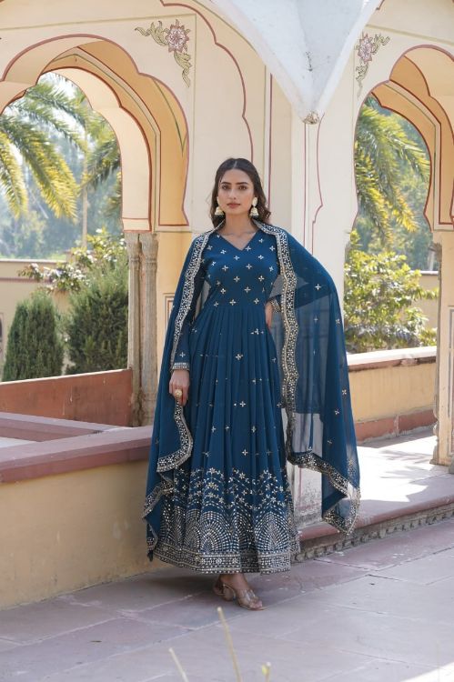 Picture of Splendid Georgette Blue Readymade Gown With Dupatta