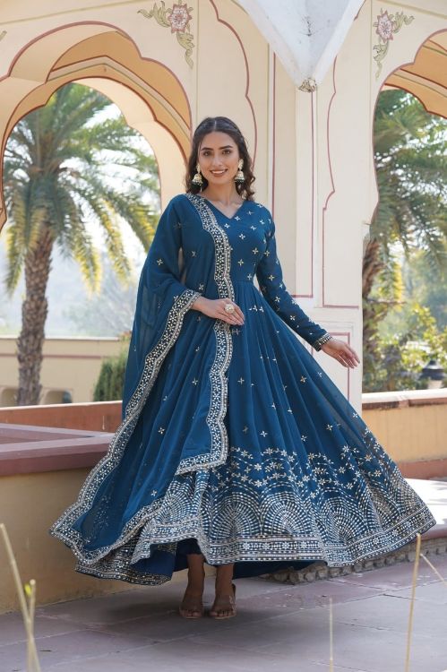 Picture of Splendid Georgette Blue Readymade Gown With Dupatta