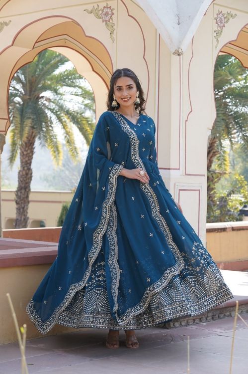 Picture of Splendid Georgette Blue Readymade Gown With Dupatta
