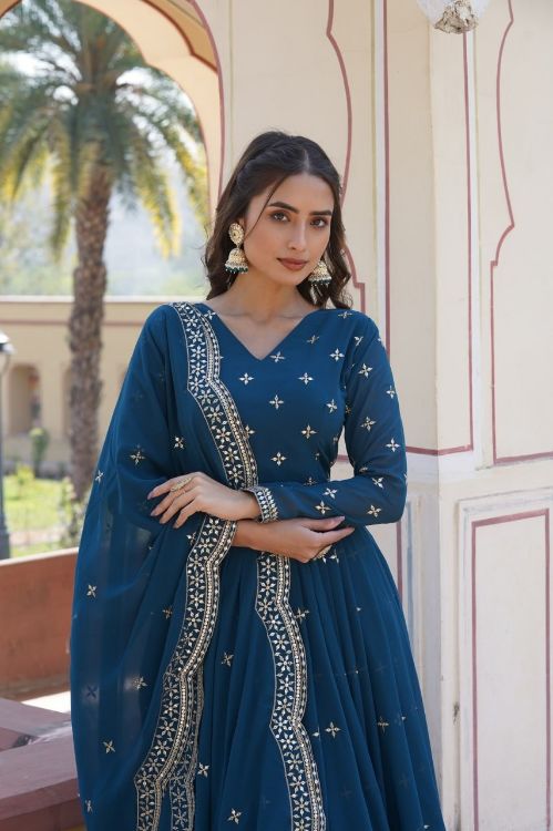 Picture of Splendid Georgette Blue Readymade Gown With Dupatta