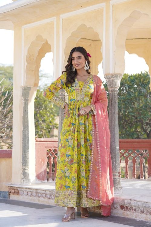 Picture of Ravishing Russian Silk Yellow Readymade Gown With Dupatta