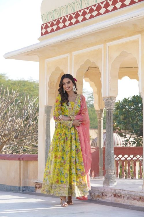 Picture of Ravishing Russian Silk Yellow Readymade Gown With Dupatta
