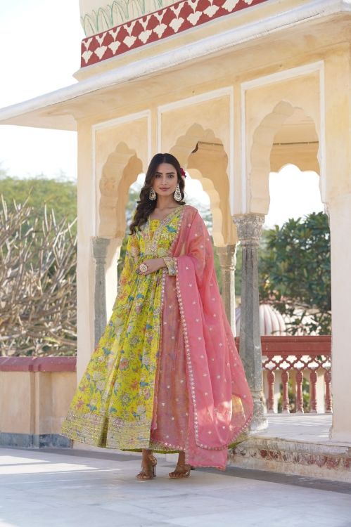 Picture of Ravishing Russian Silk Yellow Readymade Gown With Dupatta