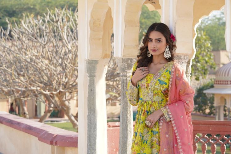 Picture of Ravishing Russian Silk Yellow Readymade Gown With Dupatta