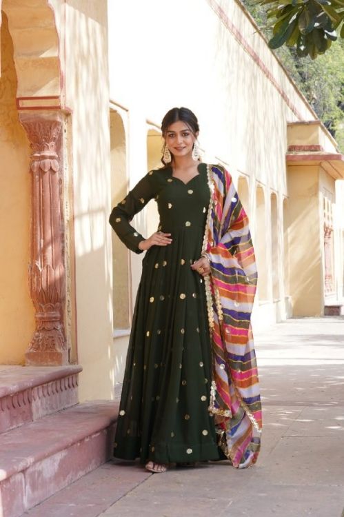 Picture of Delightful Faux Blooming Green Readymade Gown With Dupatta