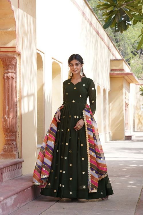 Picture of Delightful Faux Blooming Green Readymade Gown With Dupatta