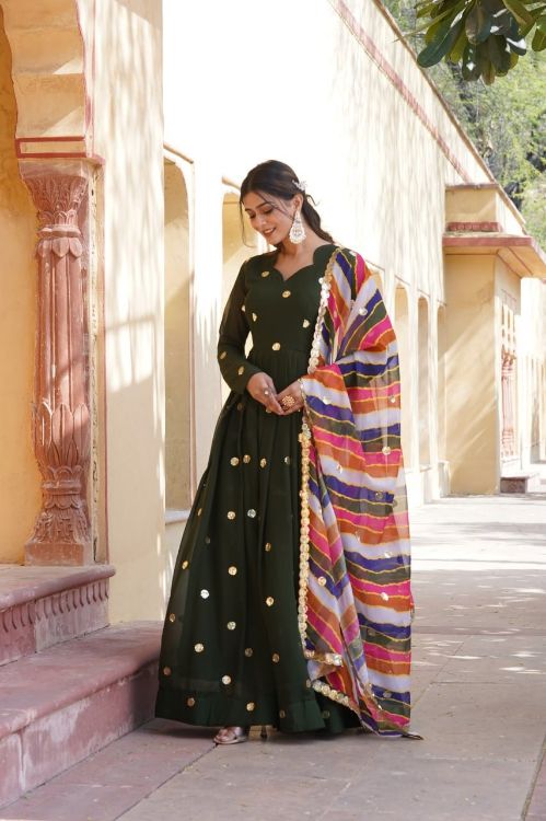 Picture of Delightful Faux Blooming Green Readymade Gown With Dupatta