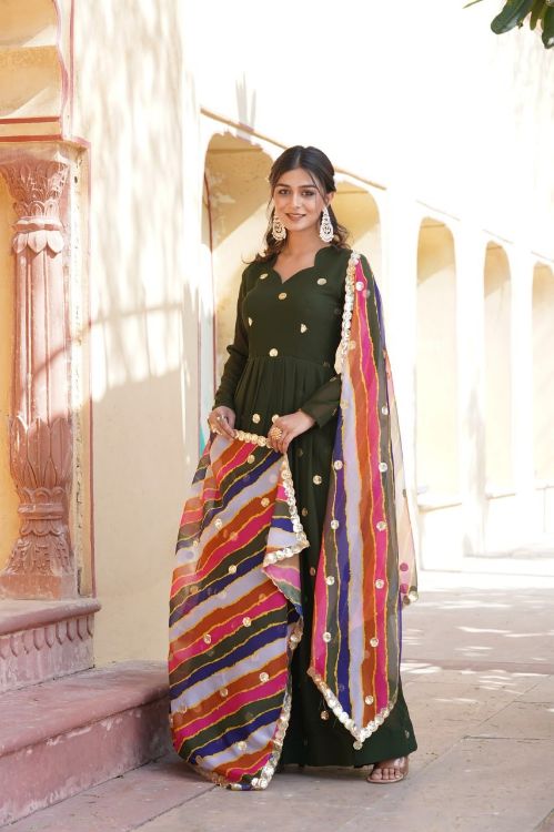 Picture of Delightful Faux Blooming Green Readymade Gown With Dupatta