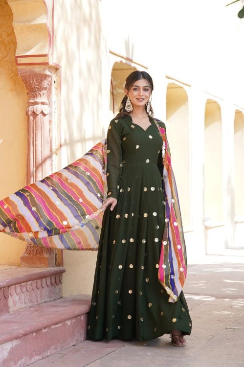 Picture of Delightful Faux Blooming Green Readymade Gown With Dupatta