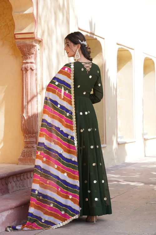 Picture of Delightful Faux Blooming Green Readymade Gown With Dupatta