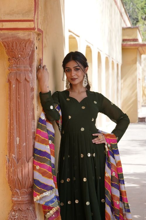 Picture of Delightful Faux Blooming Green Readymade Gown With Dupatta
