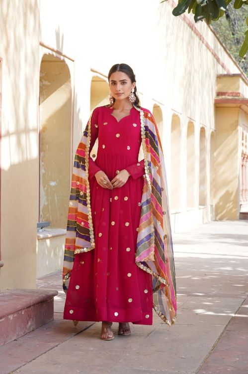 Picture of Grand Faux Blooming Pink Readymade Gown With Dupatta