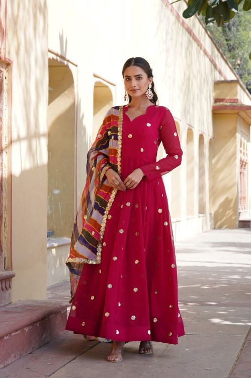 Picture of Grand Faux Blooming Pink Readymade Gown With Dupatta