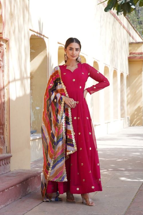 Picture of Grand Faux Blooming Pink Readymade Gown With Dupatta