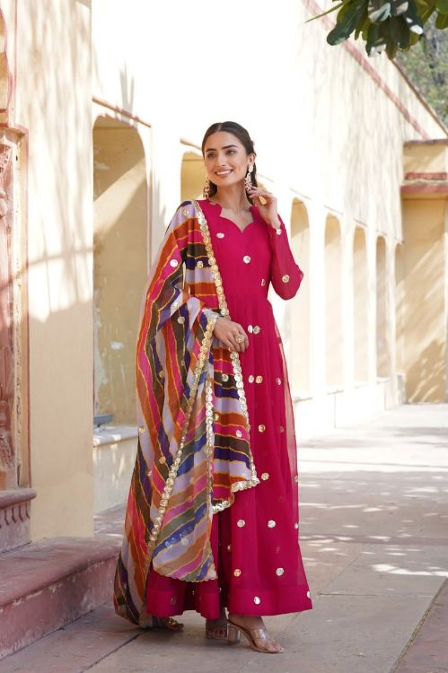 Picture of Grand Faux Blooming Pink Readymade Gown With Dupatta